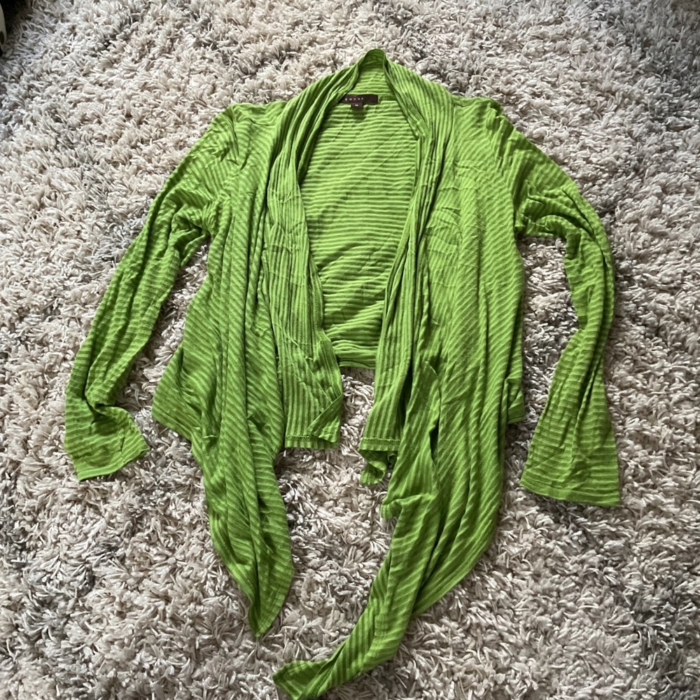 Fever Lime Green Open Front Waterfall Cardigan Striped Lightweight Knit Womens M